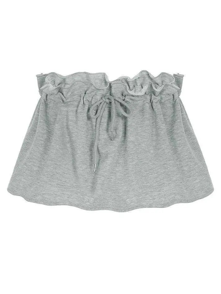 Aiertu  -Basic Gray Drawstring Ruffle Trim Mini Skirt aiertu