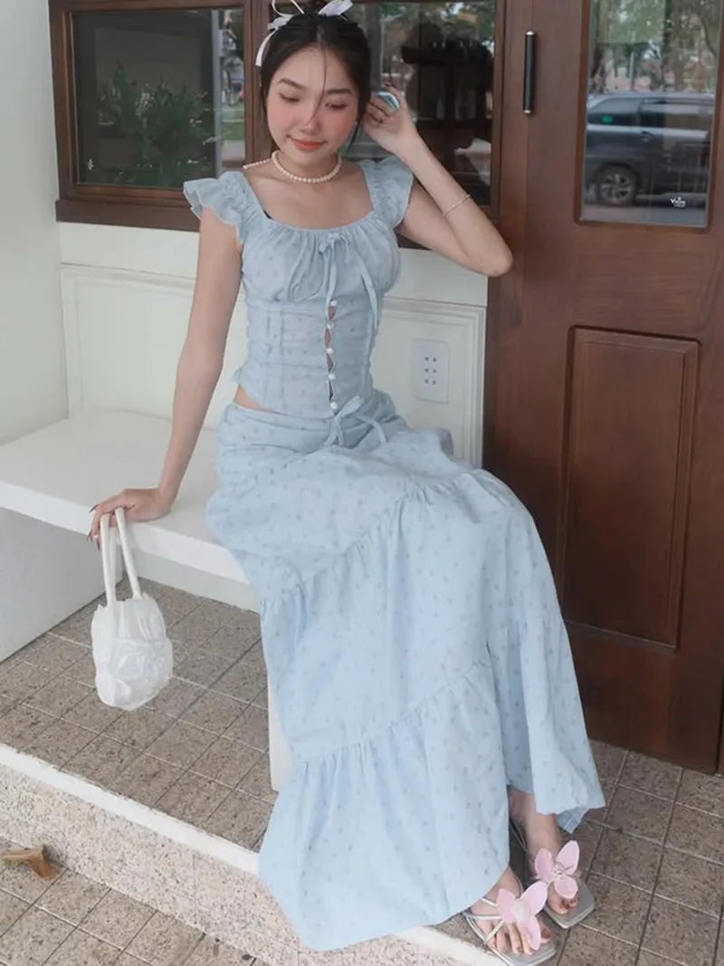 Aiertu  -  Floral Print Two Piece Set Woman Smocked Crop Top and Long Skirts Sets Shoujo Girl Style Vacation Outfits P67-GZ41 Aiertu