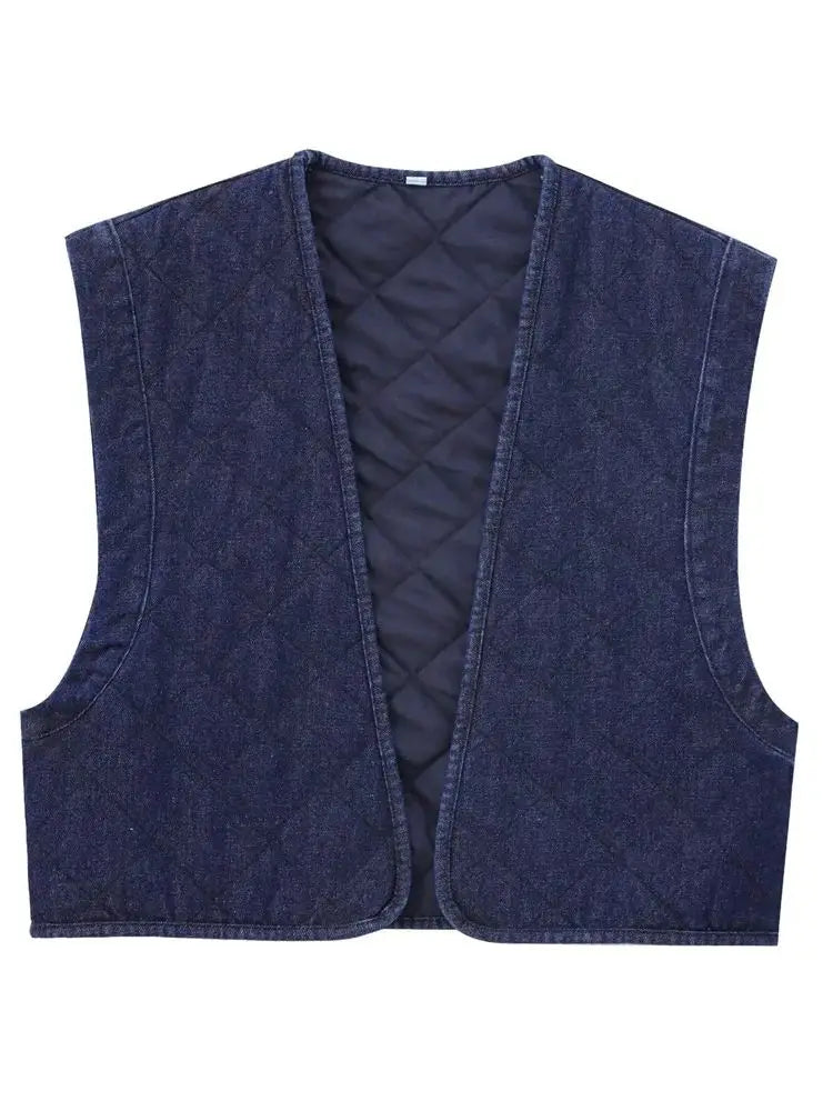 Aiertu  -  Casual Solid Denim Cotton Vest for Women 2024 Autumn Winter V-Neck Sleeveless Short Tops Female Waistcoat Streetwear Aiertu