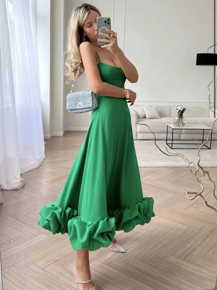 Aiertu  -  Elegant Party Evening Maxi Dresses for Women Spaghetti Strap Backless Sexy Long Summer Dress Ruffles Aline Dress Aiertu