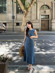 Aiertu  -  Sweet Hot Girl Vacation Style Sleeveless Denim Dress for Women's Summer O-neck Slim Fit Long Dress Fashion Female Clothes Aiertu