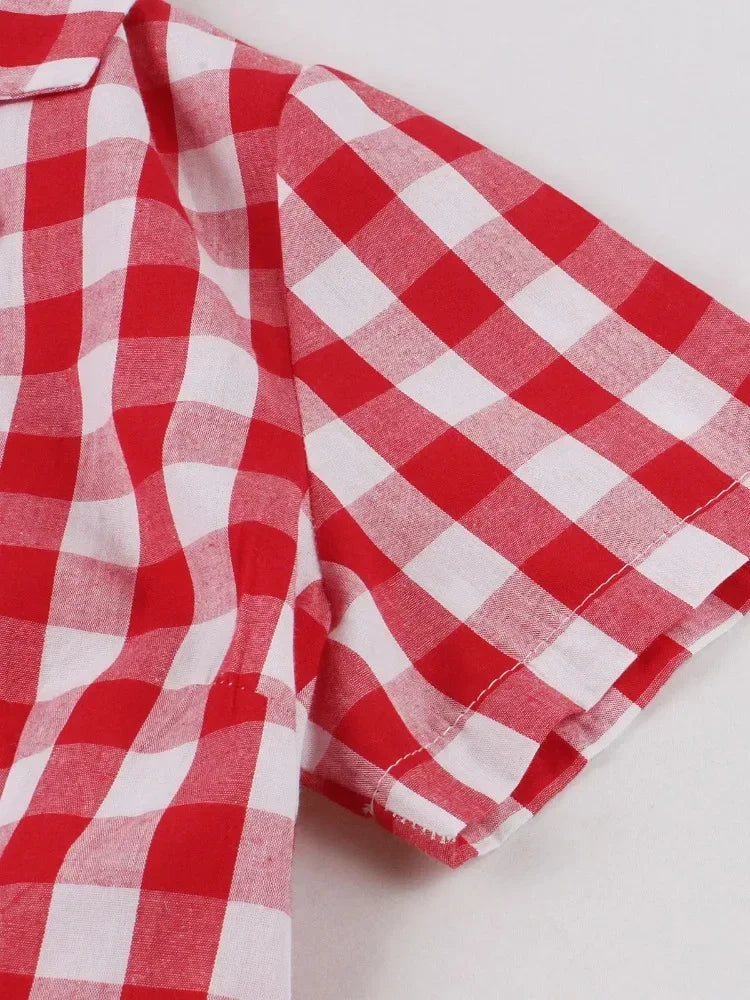 Aiertu  -  party look snspos 2025 New Vintage Elegant Red Gingham Cotton Midi Dresses for Women Notched Collar Buttons Belted 1950s Retro Plaid Peplum Dress Aiertu