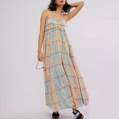 Aiertu  -  Elegant Tie-up Hight Waist Long Dress Women Sexy V-neck Sleeveless  Suspender Dress Fashion Colorful Striped Pleated Party Dress Aiertu