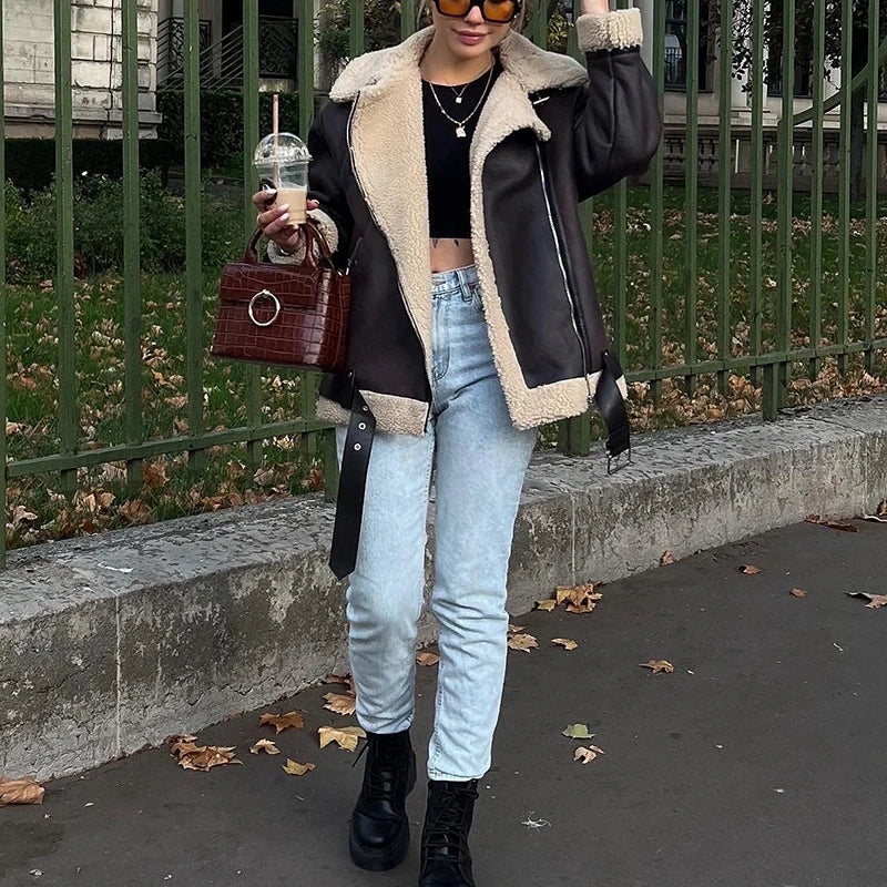 Aiertu  -  Women Faux Lamb Fur Leather Short Jacket Lapel Zipper Bomber Outwear Faux Suede Lapel Coat Warm Biker Motor Aviator Coat Aiertu