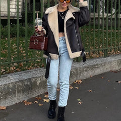 Aiertu  -  Women Faux Lamb Fur Leather Short Jacket Lapel Zipper Bomber Outwear Faux Suede Lapel Coat Warm Biker Motor Aviator Coat Aiertu