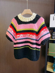 Aiertu  -  Multicolor Striped Handmade Jumper Sweet Rainbow Wool Blended Color Block Knit Tee Short Sweater Autumn/Winter Woman Knitwear Aiertu