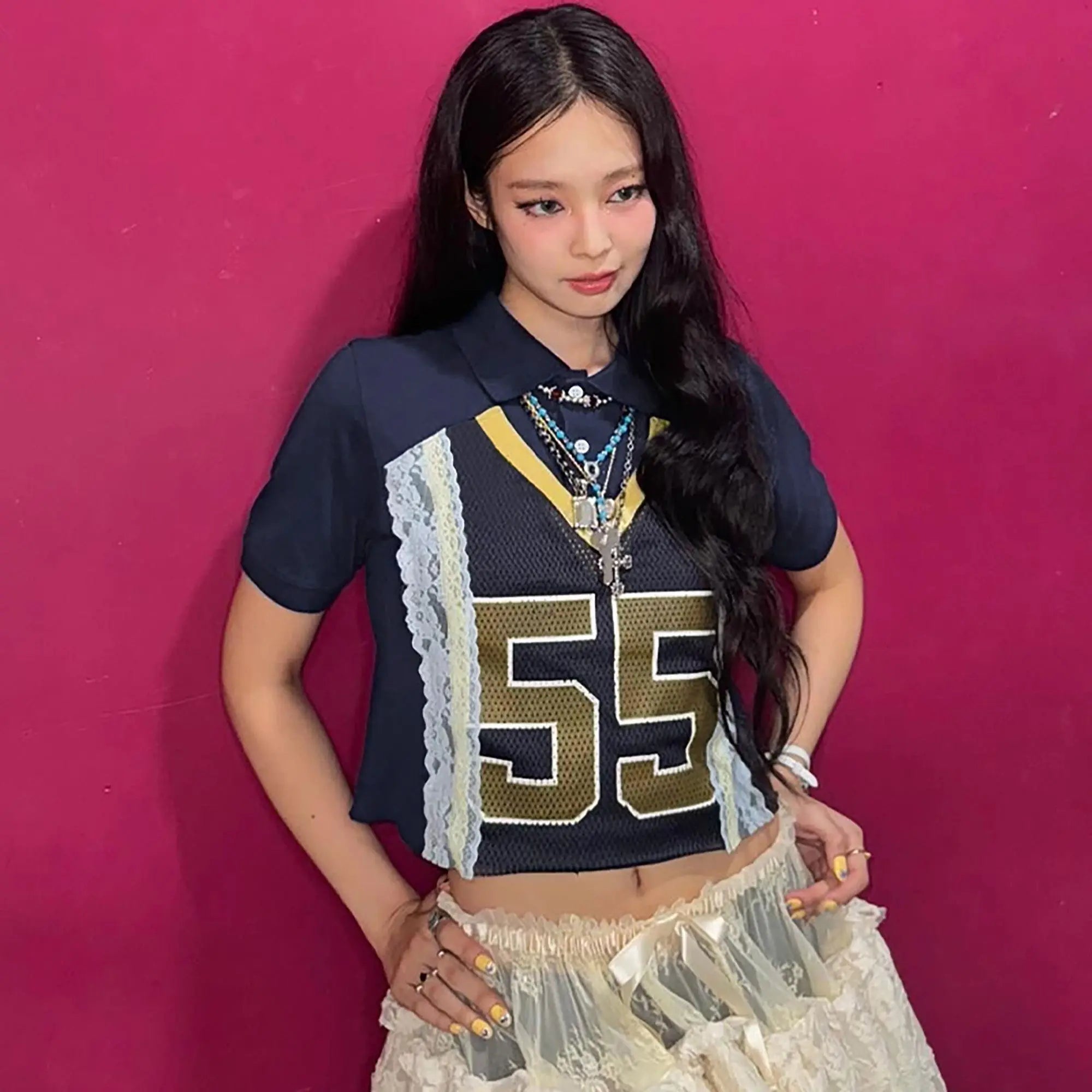 Aiertu  -  Korean POLO Collar Short Sleeved T-shirt for Women Summer New Lace Patchwork Letter Print Spice Girl Casual T Shirt Y2k Top Aiertu