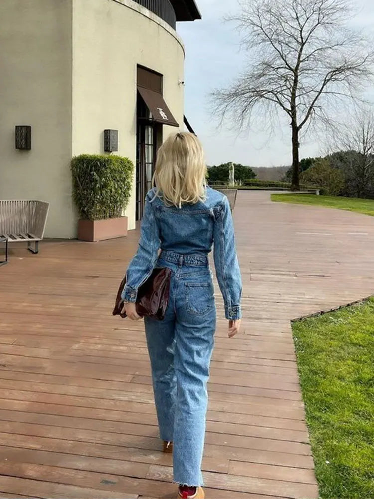 Aiertu  -  Women Y2k Denim Jumpsuit Long Sleeve Elegant Jumpsuits Female Lapel Jeans Overalls Streetwear Summer Office Lady Romper Aiertu