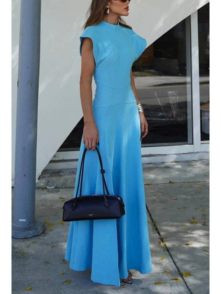 Aiertu  -  Chic Solid Pocket High Split Maxi Dress for Women Casual O-neck Zip-up Elegant Dress Summer Holiday Party Evening Dress Woman Aiertu