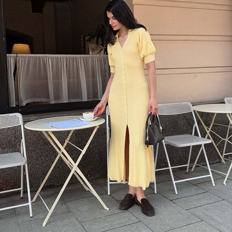 Aiertu  Yellow Knit Single Breasted Dress Women Summer Puff Short Sleeves Long Dresses Female 2025 Loose Turndown Collar Lady Robe Aiertu