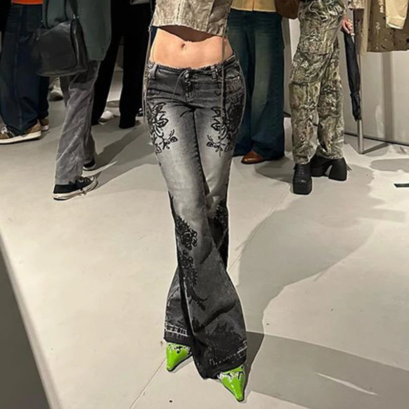 Aiertu  -  Vintage Plant Print Washed Low Waist Flared Jeans Y2K Fashion Aesthetic Slim Fit Graphic Denim Trousers High Street Aiertu