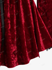Aiertu  -  Plus Size Velvet Top Deep Red T-shirt Grommets Buckle Lace-up Rivet Lace Trim Flare Sleeve Tee For Women  New Arrive Aiertu