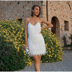 Aiertu Sequins Tassel Feather Spaghetti Strap Dress Women Fashion Sexy Stitching Mini Dresses Ladies Evening Party Club Elegant Dress Aiertu
