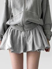 Aiertu  -Basic Gray Drawstring Ruffle Trim Mini Skirt aiertu