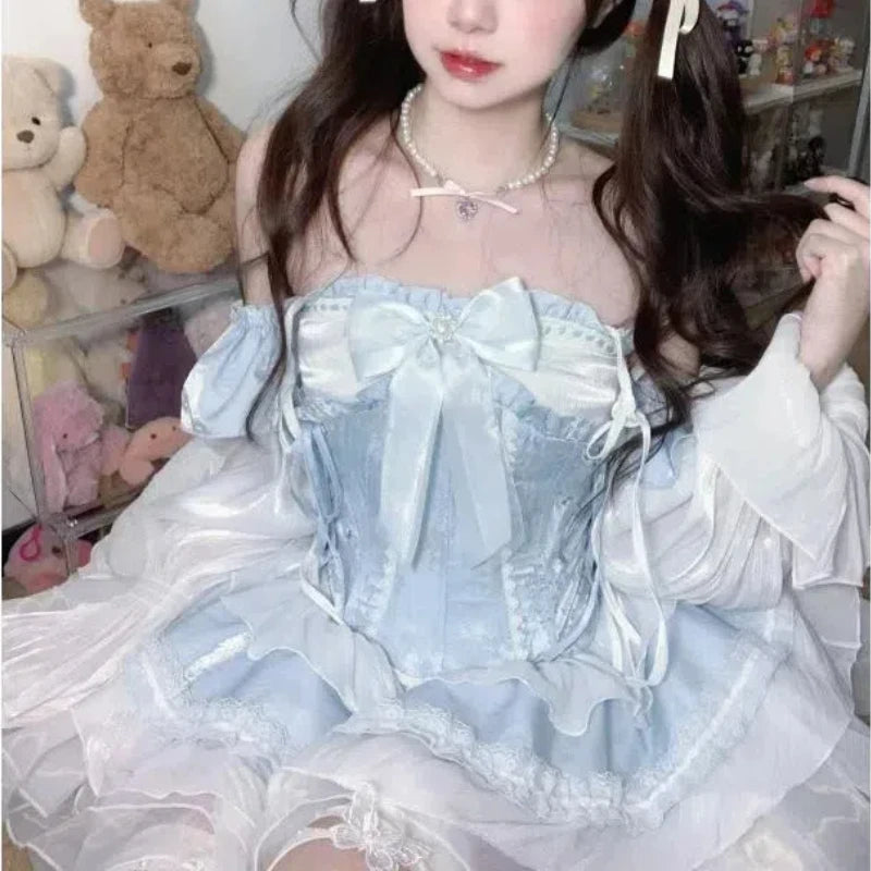 Aiertu Lolita Cute Girl Sweet Summer Patchwork Bow Ruffles Bandage Lace Fashion Solid Color Slim Casual Long Sleeved Dresses Aiertu