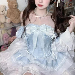 Aiertu Lolita Cute Girl Sweet Summer Patchwork Bow Ruffles Bandage Lace Fashion Solid Color Slim Casual Long Sleeved Dresses Aiertu