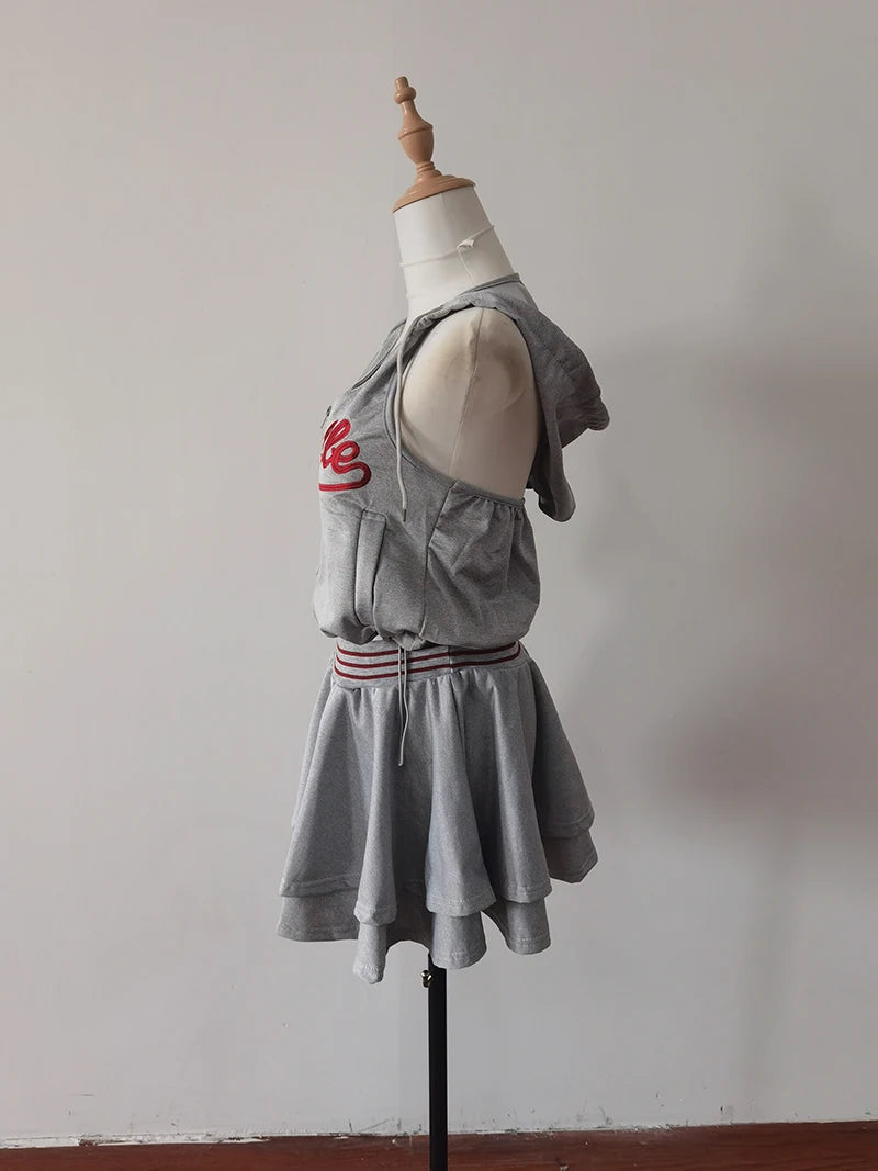 Aiertu  -  Sweet Hot Girl Casual Suit Women's Summer Gray Printed Zipper Hooded Vest High Waist Skirt Two-piece Set Fashion Female Clothes Aiertu