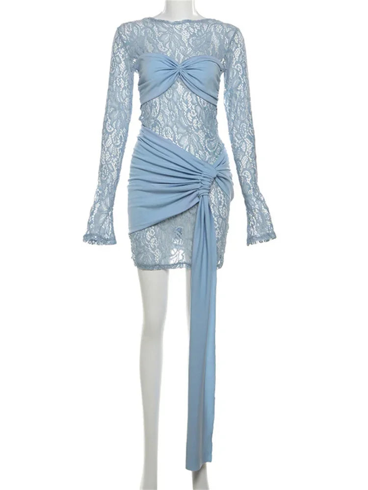 Aiertu  -  Printed See-Through Sexy Mini Dress Female Bandage Long Sleeve Lace Patchwork Hollow Out Contrast Dress Women's Clothes Aiertu