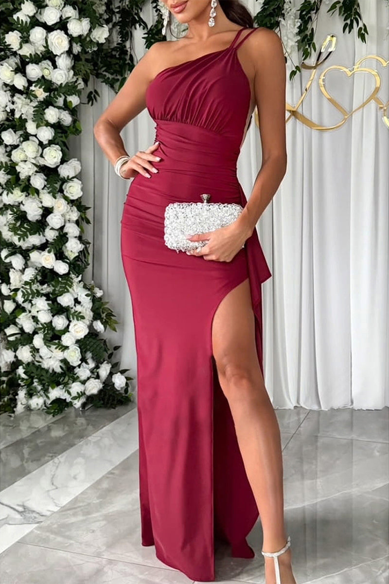 Aiertu  -Elegant Solid Slit Fold Oblique Collar Waist Skirt Dresses aiertu