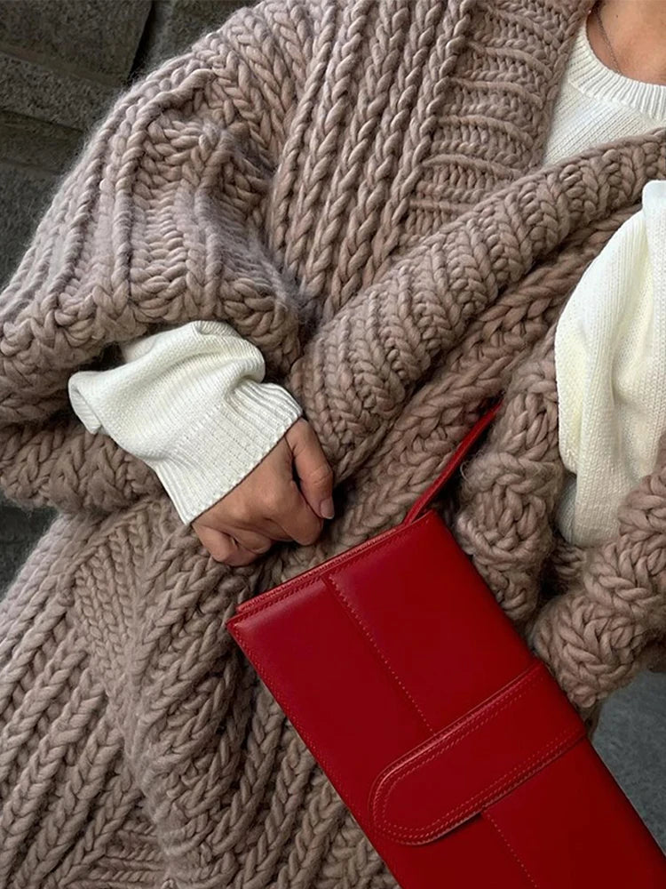 Aiertu  -  Long Lantern Sleeves Solid Women Cardigans Knitted Loose V Neck Lady Sweater 2024 Vintage Autumn Winter Female Warm Streetwear Aiertu