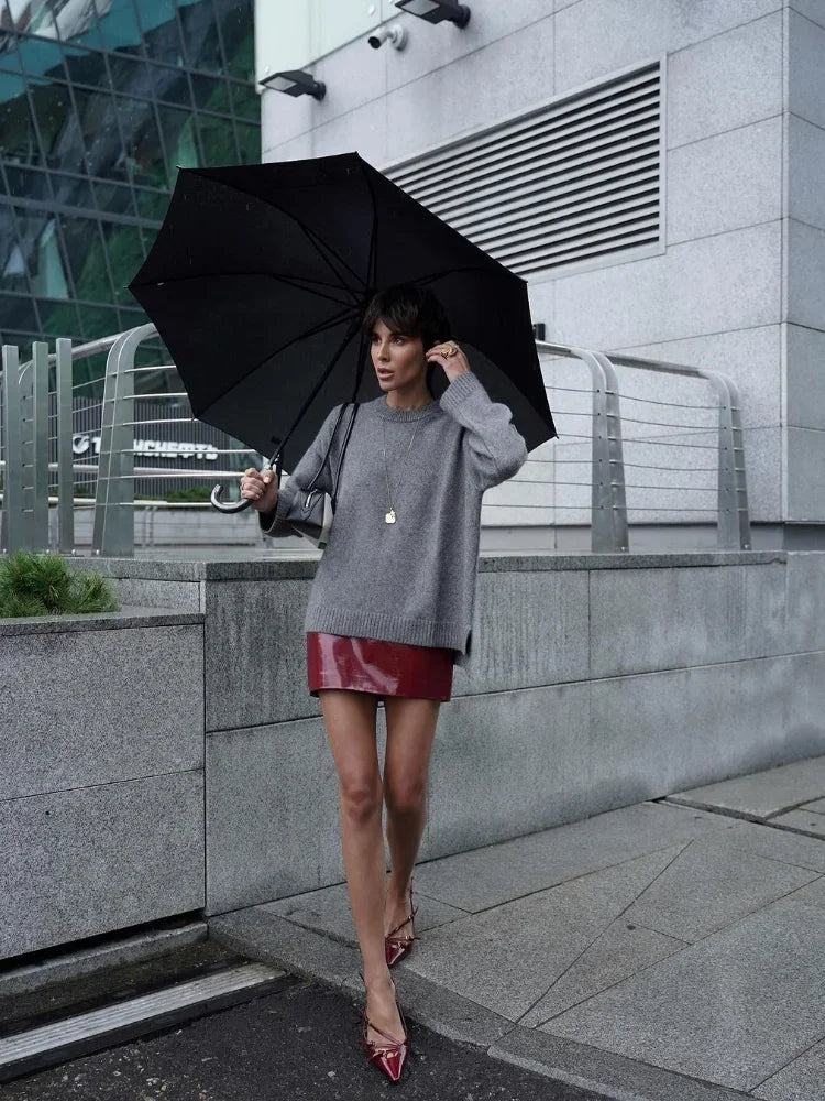 Aiertu  - Women Gray Knitted Sweater Fashion O-neck Long Sleeve Basic Casual Pullover Top 2026 Autumn New Female Commuting Knitwear Aiertu