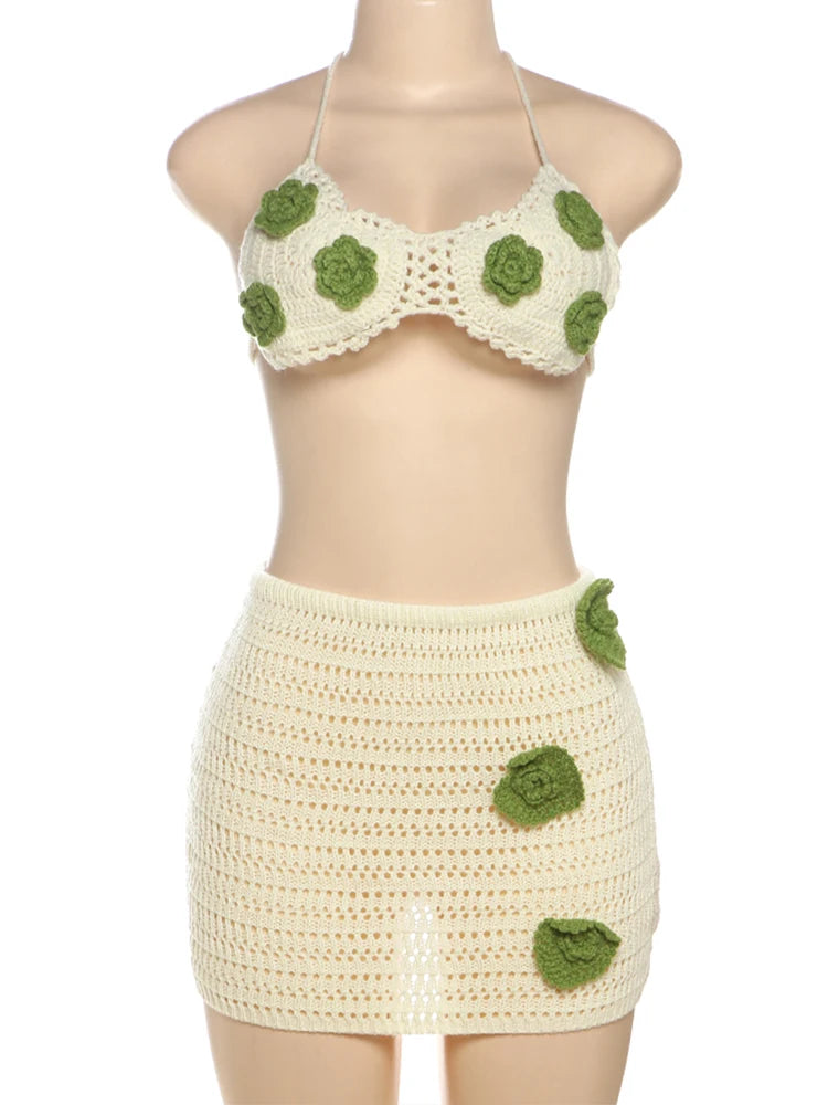 Aiertu  -  Sexy Crochet Applique 2 Piece Set Women Hollow See Through Halter Bra+Peach Hip Skirts Beach Vacation Matching Clubwear Aiertu