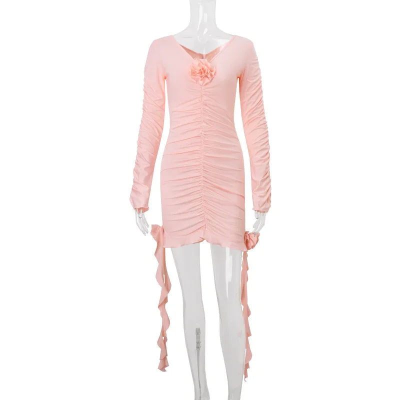 Aiertu  -  Folds Ruffle Mini Dress For Women's Summer Flower V Neck Long Sleeve Pink Dresses Sexy Bodycon Party Sheath Dress Aiertu