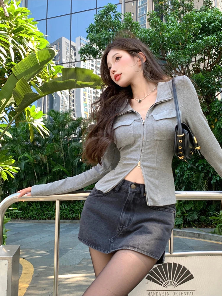 Aiertu Women T-shirt Spring Autumn Clothes Ribbed Knitted Long Sleeve Short Tops Zipper Design Tee Sexy Female Slim Tops Aiertu