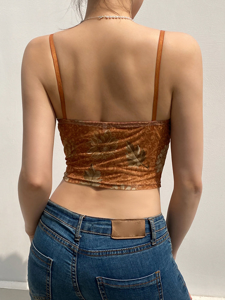 Aiertu - summer inspo Floral Print Vintage Aesthetic Mesh Camisole Women Brown Cute Y2K Crop Top Aiertu