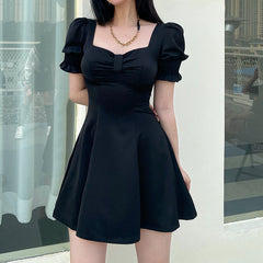 Aiertu - Retro Square Neck Black Bow Puff Sleeve Dress Aiertu