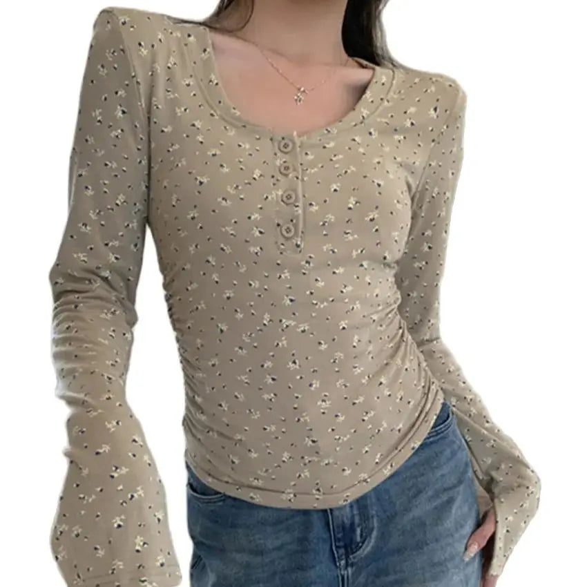 Aiertu  -  Slim-Fit T-Shirts Women Printed Florals Chic Sweet Spring Full Sleeve 2026 Sweet Loose Office Lady Casual New Tees Aiertu