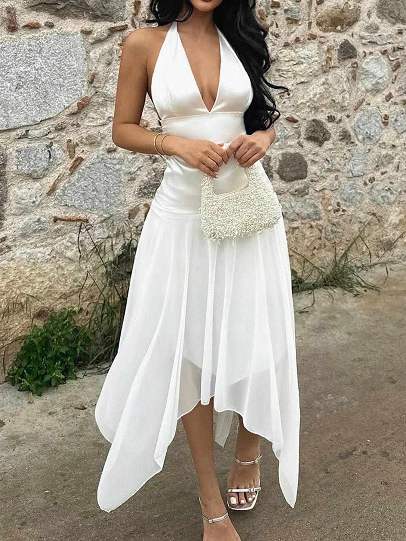 Aiertu  -  Elegant White A-line Dress Summer Sleeveless Deep V-neck Solid Sexy Dresses for Women y2k Holiday Outfits Ladies Casual Aiertu