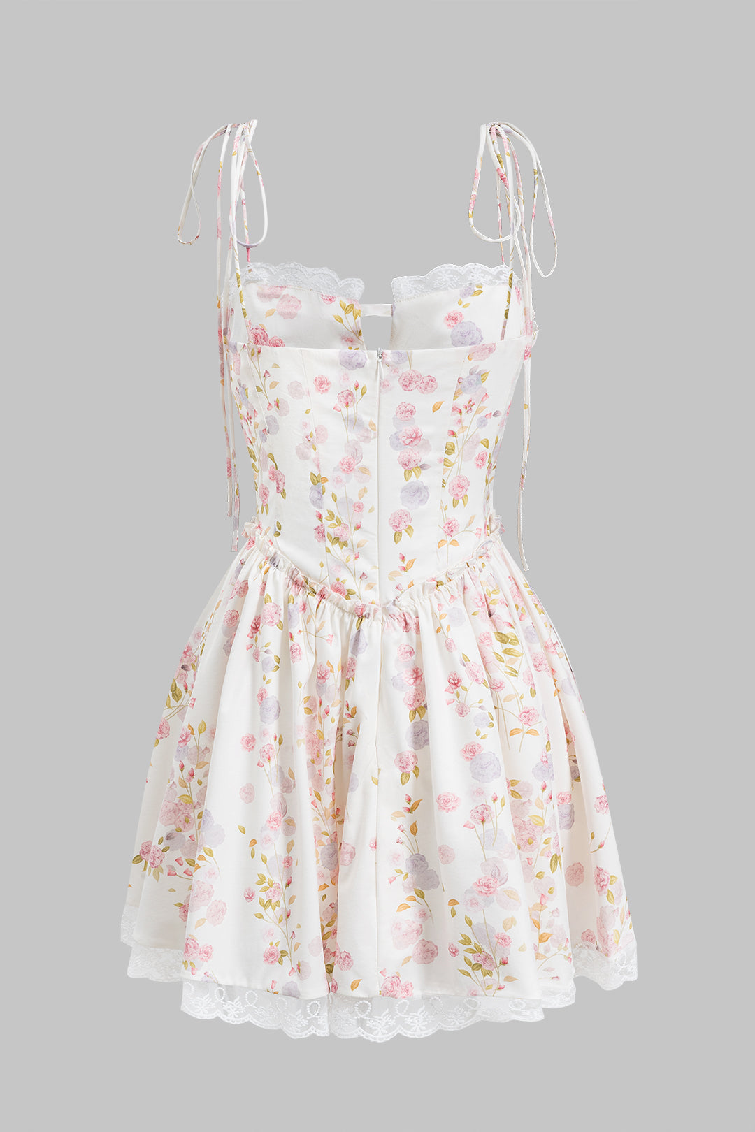 Aiertu  -Floral Print Ruched Tie Up Zipper Corset Slip Mini Dress aiertu