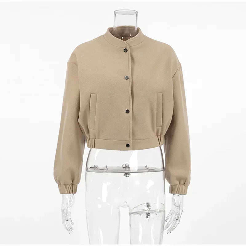 Aiertu  -  Casual Short Bomber Coats Women Loose O-neck Long Sleeve Single Breasted Jacket 2026 Autumn New Lady Vintage Solid Tops Outwear Aiertu