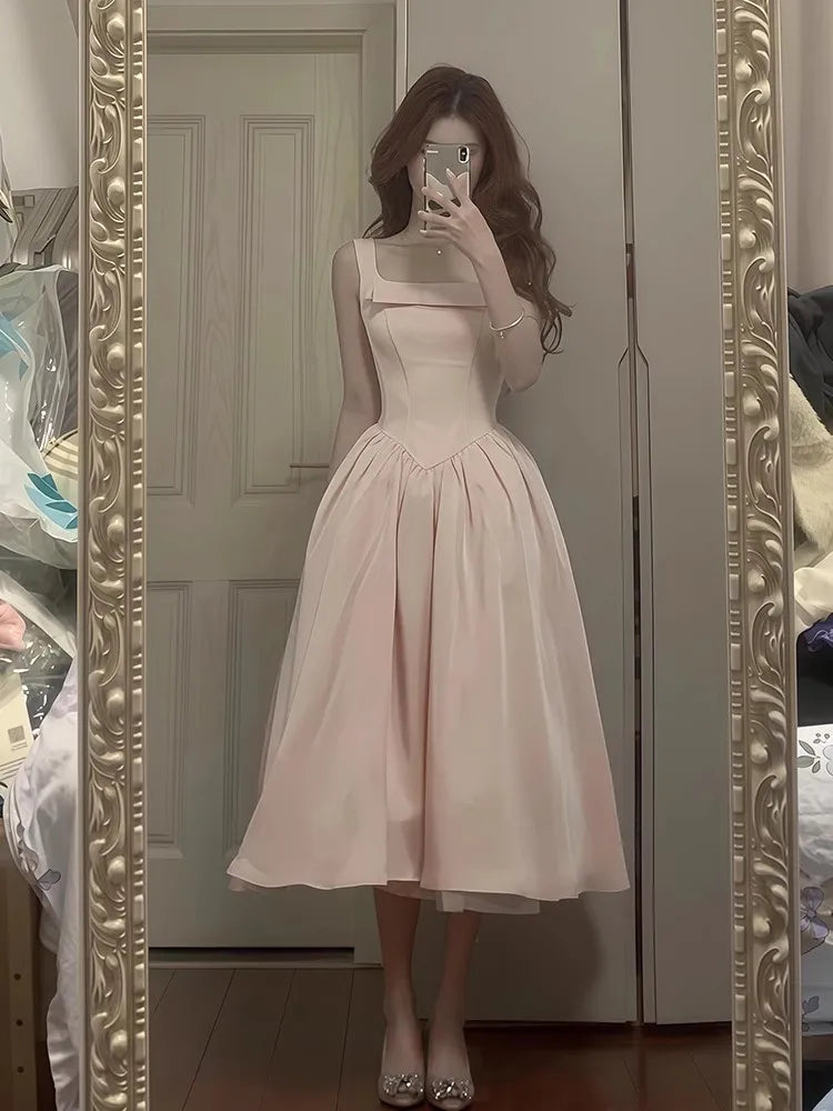 Aiertu  -  French Style Hot Girl Pink Dress Women's Spring Slim Fit Square Collar Strap A-line Dress Fashion Female Clothes Aiertu