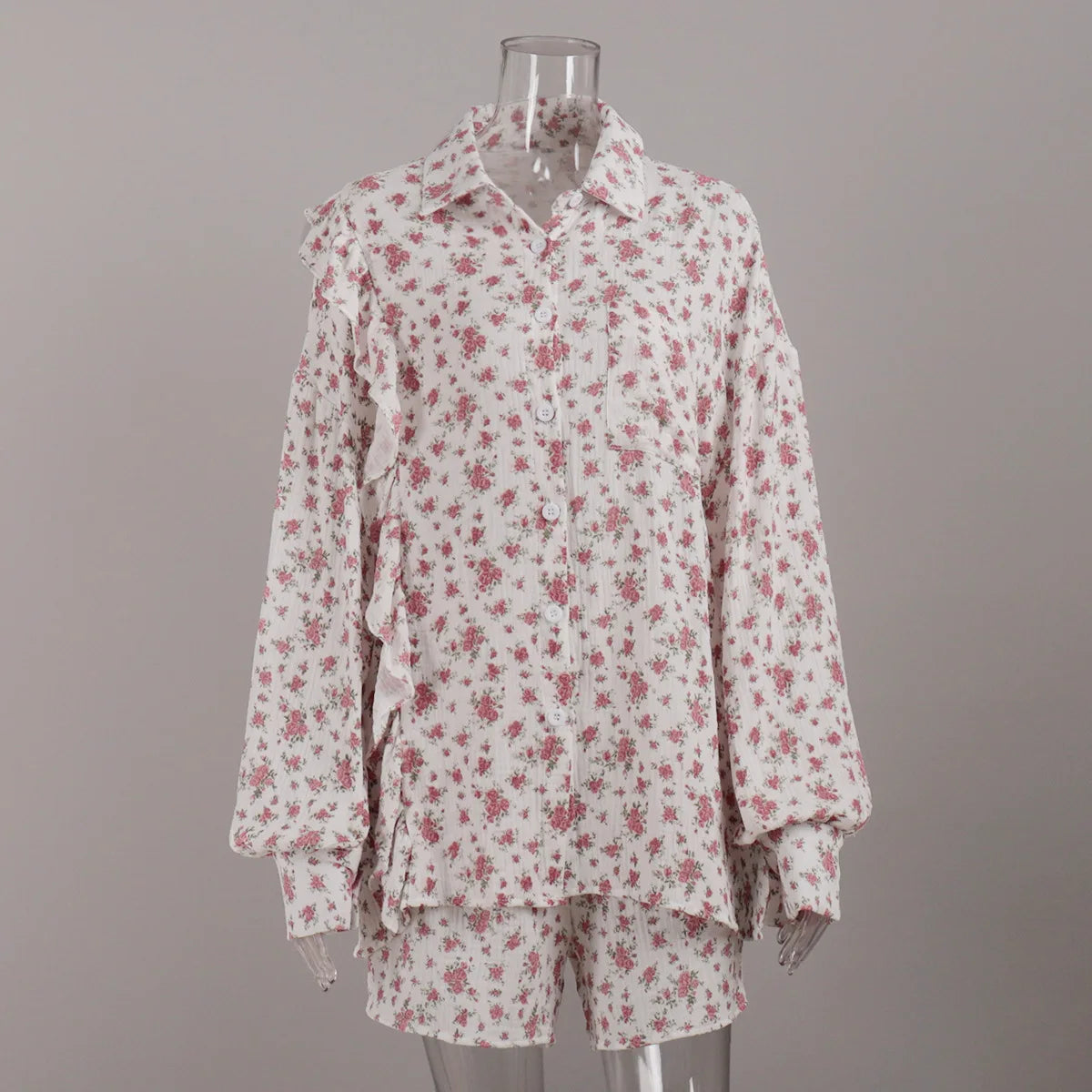 Aiertu  -   2026 New Heart Printed Short Set Women Long Sleeve Pocket Ruffle Cardigan+Short Pants Sets Spring Summer Casual Chic 2 Piece Set Aiertu
