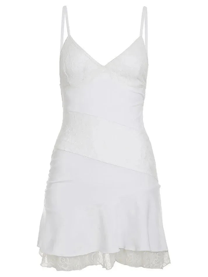 Aiertu  -Lace Patchwork Backless Ruched V-Neck Dress aiertu