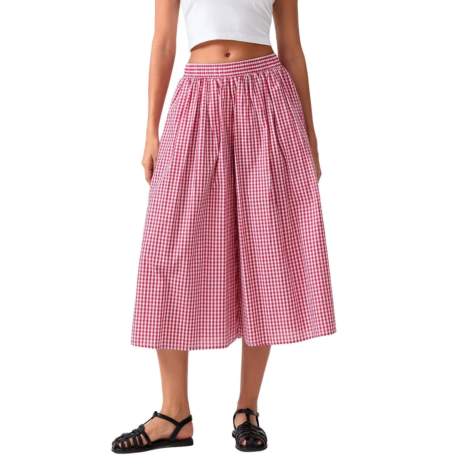 Aiertu  -  Women Summer Plaid Print Capri Culottes Elastic Waistband Wide Leg Loose Side Pocket Casual Pull On Trousers Aiertu