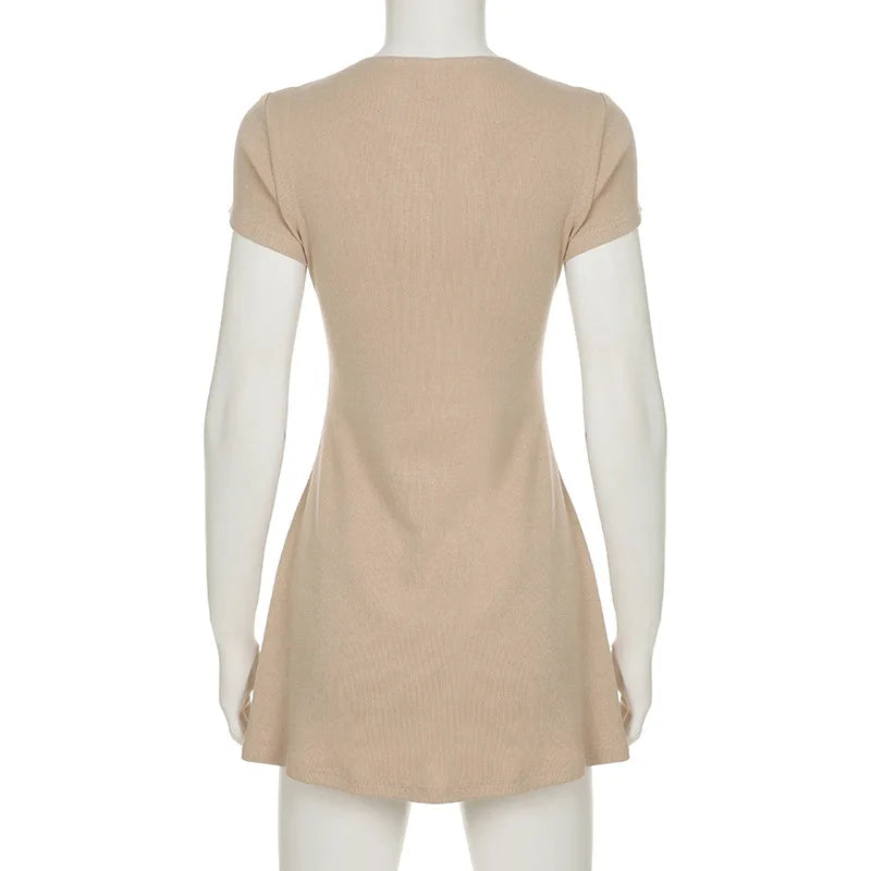 Aiertu  -  2025 Summer New Knitted Mini Dress Female Elegant V Neck Buttons Short Sleeve Dress High Elasticity Casual Women's Dress Aiertu