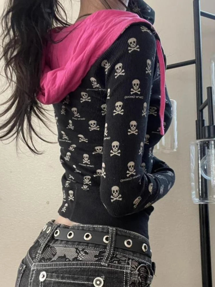 Aiertu  -  Vintage Punk Skull Printi Harajuku Hoodies Women Casual Vintage Black Hooded Jacket Y2k Aesthetic Crop Zipper Sweatshirt Kpop Aiertu