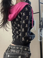 Aiertu  -  Vintage Punk Skull Printi Harajuku Hoodies Women Casual Vintage Black Hooded Jacket Y2k Aesthetic Crop Zipper Sweatshirt Kpop Aiertu