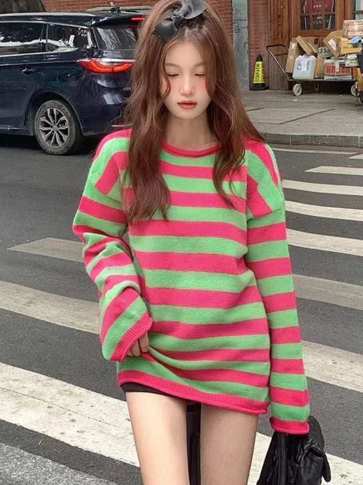 Aiertu  -  Casual Striped Sweater Women Sweet Preppy Style Long Sleeve Pullover Knitted Oversize Korean Fashion Tops Autumn Winter Aiertu