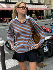 Aiertu  -  Striped Vintage Long Sleeve T-shirt Women Autumn New Turndown Collar Button T-shirts 2026 Streetwear Fashion Pullover Tops Tees Aiertu