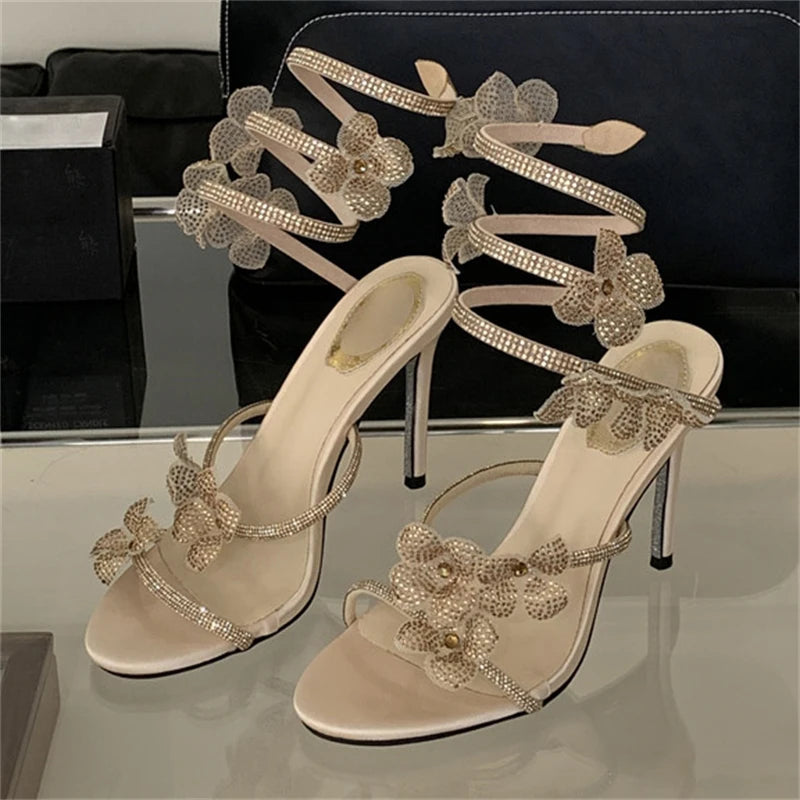 Aiertu  -   Street Style CRYSTAL Narrow Band Thin High Heels Women Sandals 2025 Summer Open Toe Ankle Strap Female Shoes Aiertu