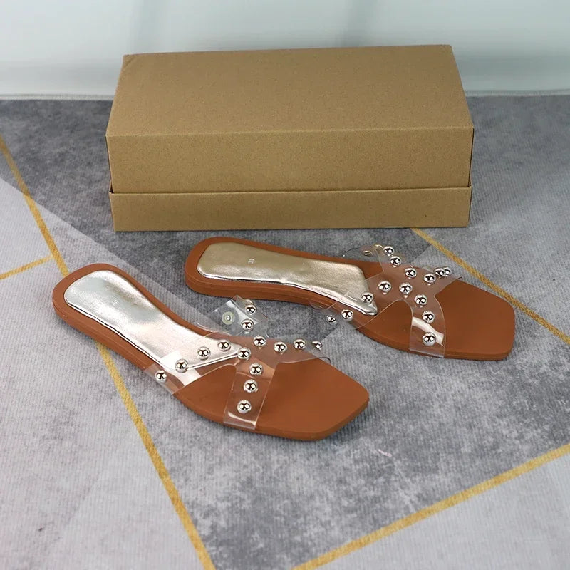 Aiertu  -  Transparent PVC Flat Slippers for Women 2025 Square Toe Outdoor Fashion Cross Design Female Slides Plus Size Summer Beach Shoes Aiertu