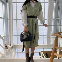 Aiertu - Long Seeve Shirt Split Knit Vest Dress Suit Aiertu