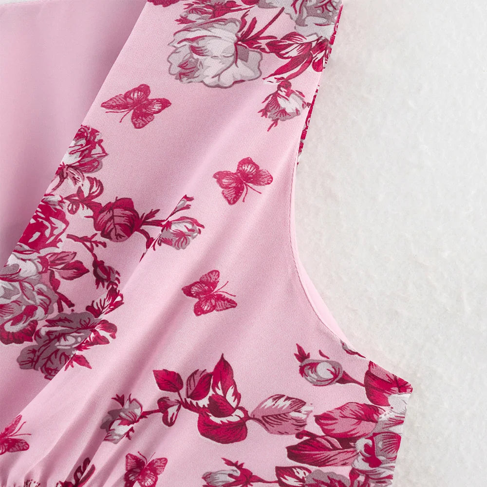 Aiertu  -  Pink White Deep Blue Three Color V Neck Sleeveless Floral Print Stacked Skirt Edge Design Women Short Dress ZATT 2025 Summer New Aiertu