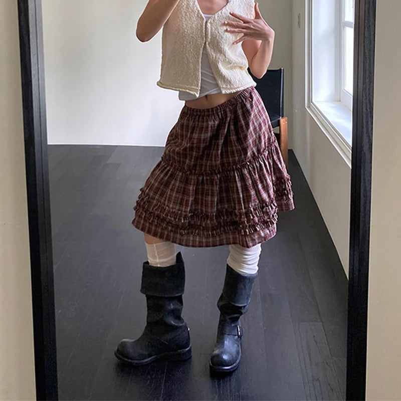 Aiertu  -  Vintage Plaid Mini Skirt Women Japanese Harajuku Ruffles Patchwork Black Skirts Summer High Waist Casual A Line Faldas New Aiertu