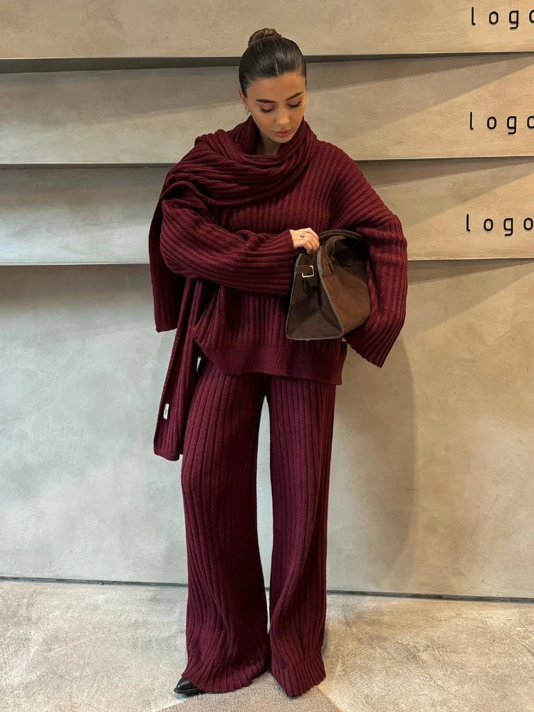 Aiertu  -  Elegant Burgundy Long Sleeve Sweater Pants Set Fashion Knitted Scarf Pullover Trousers Suits Autumn Winter Lady Warm Streetwear Aiertu