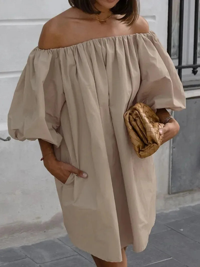 Aiertu  -  Sexy Slash Neck Off Shoulder Khaki Short Dress High Street Fashion Casual Woman Clothing Summer Puff Sleeve Solid Party Dresses Aiertu